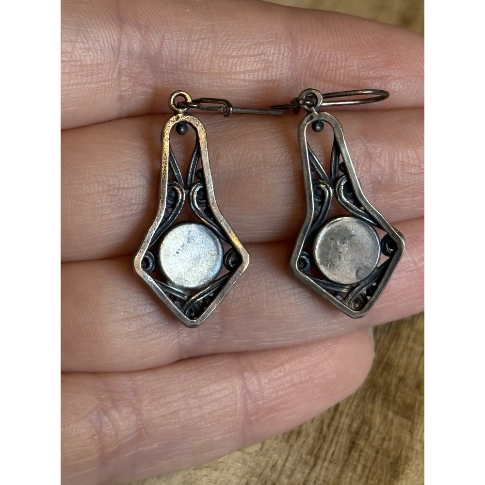 Vintage Sterling Silver Amber Cabochon‎ Dangle 1.2" Earrings Filigree Style - Picture 2 of 3